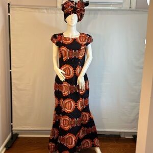 African Womens Clothing Ankara Maxi Dress Head Wrap Fit Flare Cap Sleeve Lined